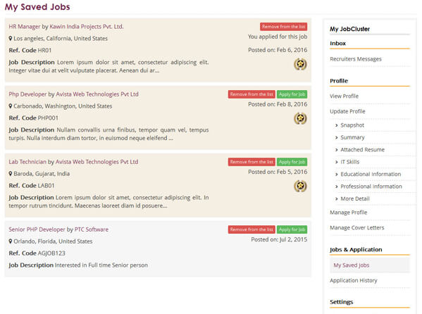 Snapshot of applied job history page